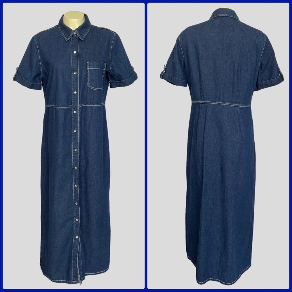 Vintage White Stag 90s Full Length Denim Dress Pearl Snaps Collared Med 8/10
